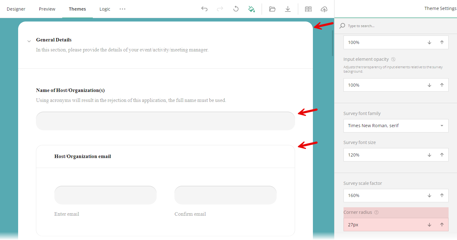 Set a common corner radius for rectangular survey elements